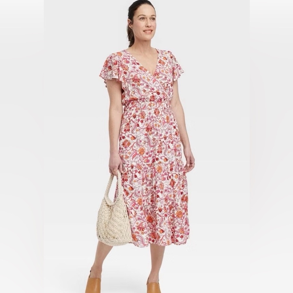 Knox Rose Pink and Orange Floral Midi Tiered Dress Size M